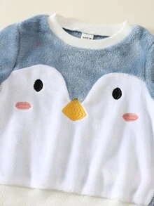 SHEIN 2件組 嬰兒男孩/女孩秋冬款 卡通可愛企鵝圖案 內層保暖加厚圓領長袖套頭上衣與鬆緊腰長褲套裝 - 彩色 - 查看 4