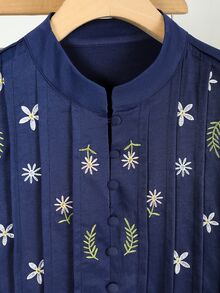 Lacomfia Embroidered Button Decor Striped Craft Long Sleeve Loose Fit Casual Versatile Navy Blue Shirt - Navy Blue - View 5