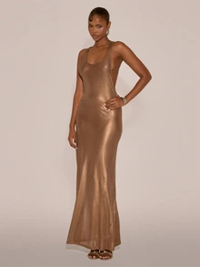 MUSERA Metallic Golden Scoop Front Sleeveless Maxi Dress Sexy Evening Night Going Out Fall Winter Autumn Solitude - Brown - View 4