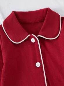 聖誕節適用 春秋冬新生兒居家服 可愛紅色彼得潘領開襟衫長袖上衣搭配連腳褲套裝，柔軟舒適，新生兒最佳禮物 - 紅色 - 查看 3