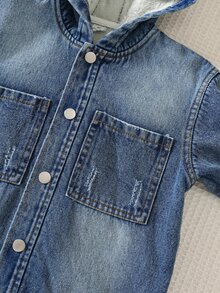 SHEIN Young Boy Autumn/Winter New Casual Minimalist Fashion Washed Denim Woven Solid Color Hooded Jacket - Blue - View 6