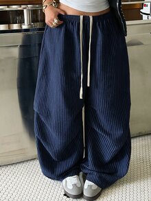 Muchica Plus Size Women's Drawstring Elastic Waist Vertical Striped Casual Loose Daily Versatile Pants - Navy Blue - View 3