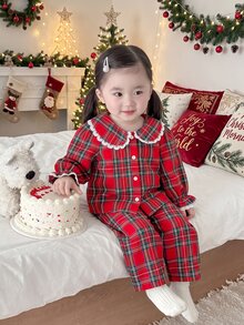 SHEIN Infant Girls Cute Red Plaid Peter Pan Collar Pajama Set With Elastic Waist Long Pants Loungewear - Red - View 1