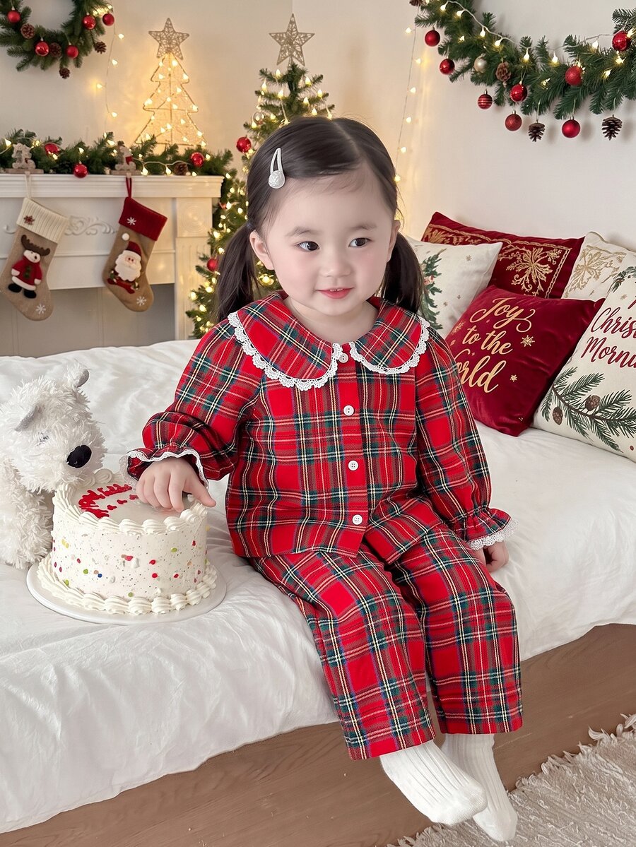 SHEIN Infant Girls Cute Red Plaid Peter Pan Collar Pajama Set With Elastic Waist Long Pants Loungewear - Red - View 1