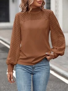 SHEIN Clasi 女款高領波點燈籠袖時尚休閒長袖上衣 - 棕色 - 查看 6
