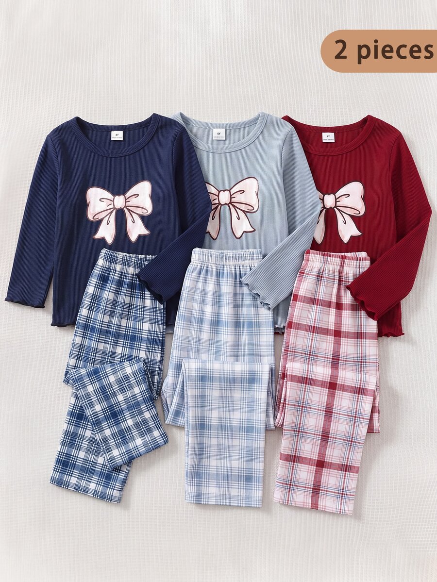 SHEIN Baby Girl Royal Blue Ribbed Bow Print Long Sleeve Top & Plaid Ribbed Long Pants Loungewear Set - Royal Blue - View 1