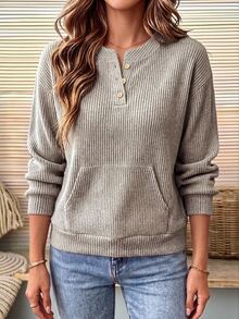 EMERY ROSE Women's Plus Size Solid Color Button Long Sleeve Sweatshirt, Casual Outdoor Sweatshirt For Autumn/Winter Fall - Khaki - View 3