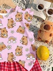 Young Girl Capybara Floral Strawberry Rainbow Print Flutter Sleeve Round Neck Top - Multicolor - View 4
