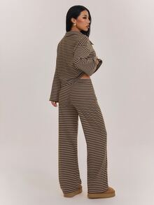 SHEIN PETITE Women's Striped Long Sleeve Top And Pants Casual Daily 2 Pieces Set - Multicolor - View 2