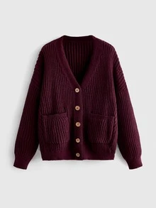 ROMWE J-Fashion 女款純色落肩長袖單排扣針織開襟衫 - 紫色 - 查看 1