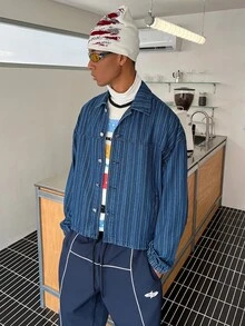 STEELVANCE Men's Mid-Blue Striped Casual Denim Jacket - Medium Wash - View 1