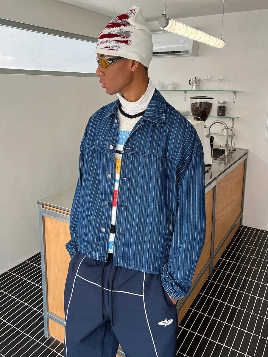 STEELVANCE Men's Mid-Blue Striped Casual Denim Jacket - Medium Wash - View 1