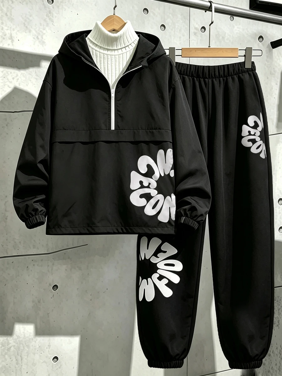 SHEIN 青少年男孩圖案印花連帽衫套裝 - 黑色 - 查看 1