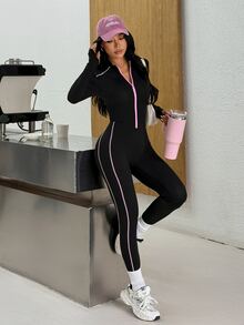 Muchica Women's Long Sleeve Zip-Up Casual Sports Jumpsuit - Black - View 7