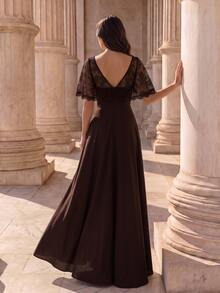 Coutiva Women's Lace Patchwork Elegant Waist-Cinching Formal Prom Graduation Evening Gown Dress Brown Fall - Coffee Brown - View 2