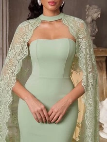 Aureia فستان زفاف أنيق فاخر رومانسي محبوك بدون حمالات مع شال دانتيل قابل للفصل وذيل سمكة حورية لمشهد الزفاف - أخضر نعناع - مشاهدة 5