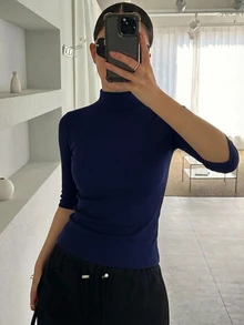 DAZY 女款高領修身短袖休閒T恤 - 藏蓝色 - 查看 4