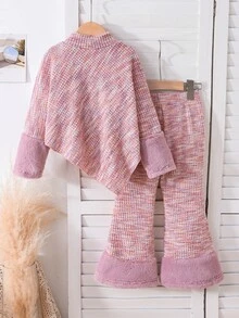 SHEIN Young Girl Fall// Casual T-Shirt Set, Asymmetrical Pullover High Neck White Textured Knit Flared Pants Set 7th Birthday First Birthday - Pink - View 3