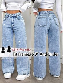 SHEIN PETITE CURVE Celana Jeans Denim Ukuran Besar dengan Saku, Kancing, dan Resleting untuk Musim Gugur/Dingin (Format, Bisnis, Chic, Basic, Goth, Halloween, Natal, Festival) PETITE CURVE Payet dan Rhinestone - Biru - View 8
