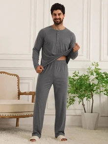 DAZY Men's Long Sleeve Crew Neck Half Button Placket Top And Pants Loungewear Set - Grey - View 5