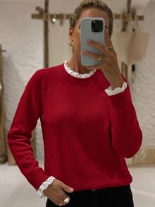 Sprig & Strand Spring/Summer Casual Comfortable Elegant Women's Knit Top, Solid Color Long Sleeve Pullover With Small Round Neck And Lace Patchwork, Office Commute Sweater - Red - View 6