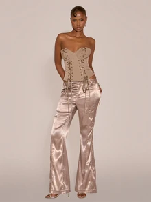 MUSERA Strapless Lace Up Bust Detail Corset Style Crop Top Sexy Evening Night Going Out Fall Winter Autumn Solitude - Khaki - View 5