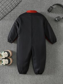 SHEIN 男女嬰兒/幼兒秋冬可愛時尚賽車風拼色立領連身衣連身褲，冬季連身衣，聖誕節、萬聖節 - 黑色 - 查看 3