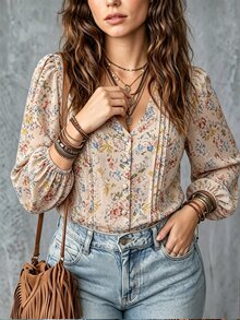 Auvina Blus Wanita Ukuran Besar Motif Bunga Leher V Lengan Panjang Kancing Depan Lengan Lentera Tipis untuk Musim Gugur - Aprikot - View 3