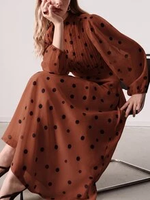 Aveloria Modichic Women's Dress Stand Collar Waisted A-Line Textured Chiffon Pleated Front Lantern Sleeve French Rust Brown Long Midi Thanksgiving Brunch Fall - Rust Brown - View 1