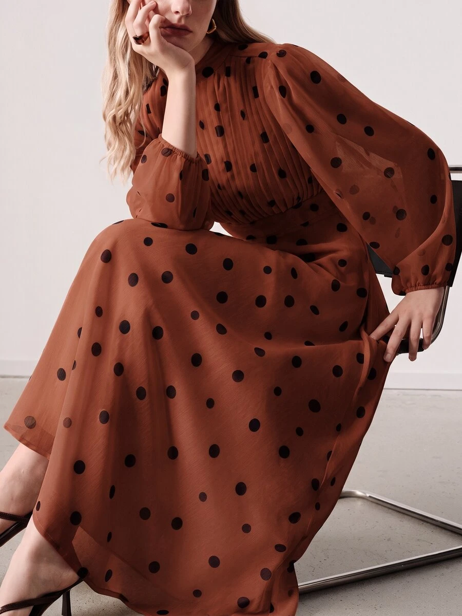 Aveloria Modichic Women's Dress Stand Collar Waisted A-Line Textured Chiffon Pleated Front Lantern Sleeve French Rust Brown Long Midi Thanksgiving Brunch Fall - Rust Brown - View 1