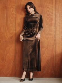Anewsta Women's New Velvet Long Sleeve Dress With Front Metal Decorative Buckle Hollow Design, Ruched Waist And A-Line Long Skirt - Coffee Brown - View 5