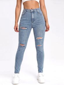 SHEIN EZwear Black Slant Pocket Ripped Skinny Jeans - Blue - View 7