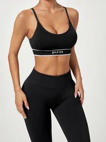 Easithlete Easithlete 1pc Adjustable Spaghetti Strap Design, Colorblock Minimalist European & American Style, Suitable For Yoga, Jogging, Daily Wear Women's Sports Bra - Black - View 3