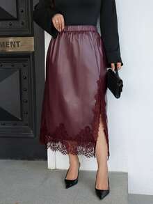 Vionelle Plus Size Vintage Sweet Romantic Lady Daily Versatile Women's Semi-Faux Leather Split Lace Patchwork Bodycon Dress - Burgundy - View 3