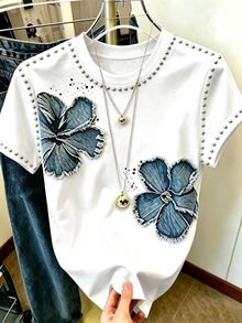 Resyla 女款 T-Shirt，復古藍色花卉印花圖案夏季外出上衣，休閒百搭，日常穿著 - 白色 - 查看 3