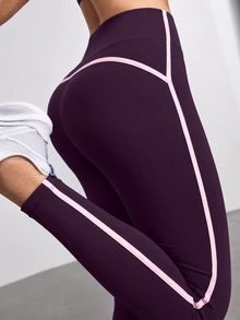 Dewbera Dewbera 女款秋季運動緊身褲，深色水洗修身款，9/10長度，拼色拼接配滾邊，常規腰頭，休閒可愛七分褲，適合跑步、瑜伽、健身房 - Purple Wisdom - 查看 1