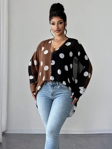 Maweii Blus Lengan Panjang Seksi Wanita Ukuran Plus dengan Motif Polkadot Blok Warna, Belahan Transparan, dan Lengan Kelelawar. - MultiWarna - View 6