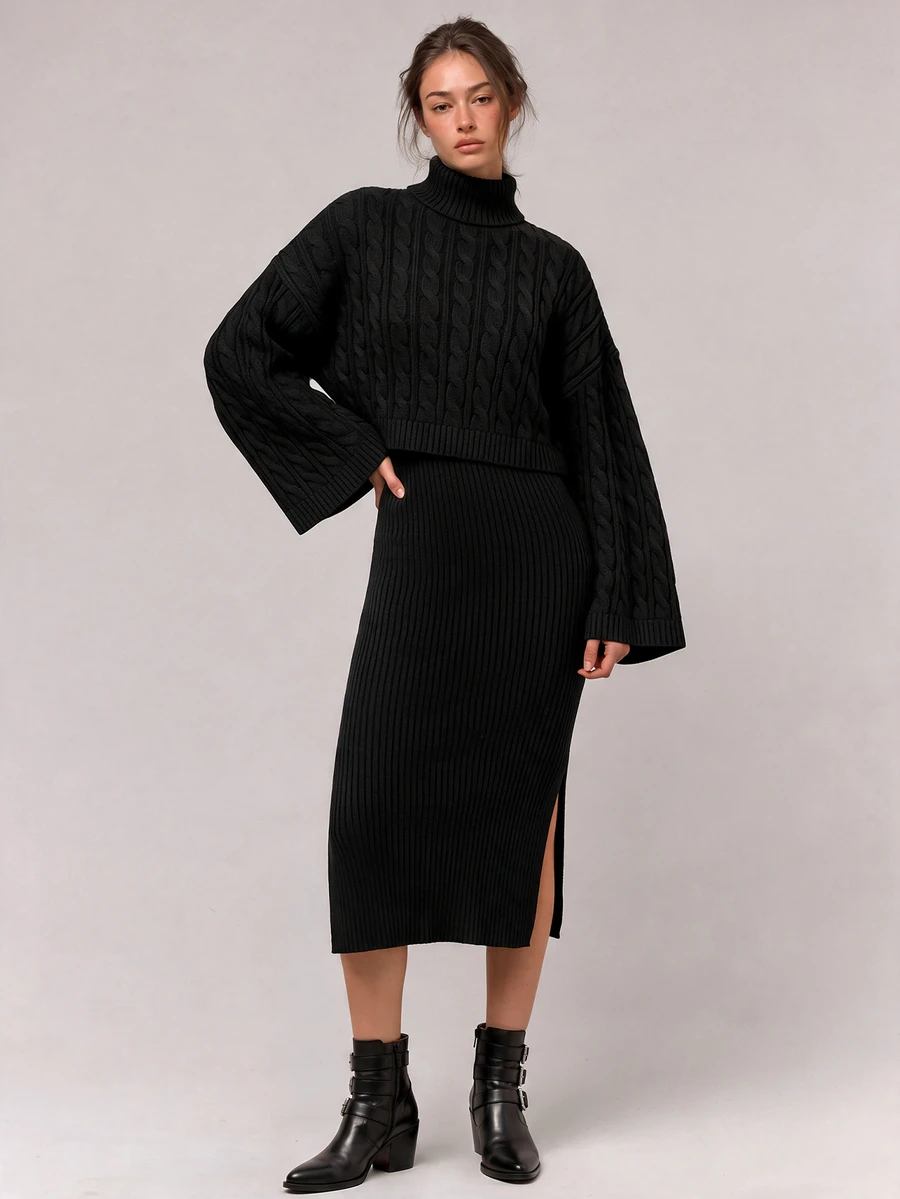 Freevana Women's High Neck Cape Sleeve Top & Solid Color Split Hem Skirt Sweater 2pcs Set - Black - View 1