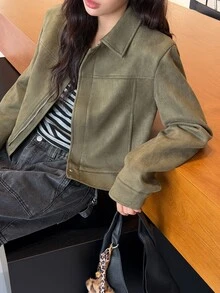 K-Vae Women's Green Suede Jacket, Cropped Fit, Autumn/Winter Jacket - Army Green - View 8