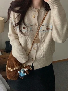 DAZY 女款圓領拼色花卉印花單排扣休閒時尚長袖開襟衫 - 紅色 - 查看 4