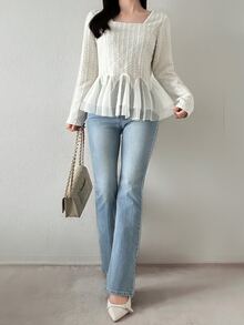 FRIFUL Blus Elegan Lengan Panjang Leher Persegi dengan Detail Jala Kontras Warna Polos untuk Wanita di Musim Gugur - Krem - View 8