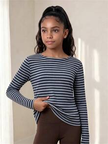 SHEIN Teen Girls Gray & Black Striped Collar Button Decor Lace Trim Design Long Sleeve Casual Versatile T-Shirt, Suitable For Spring & Autumn, Perfect For Daily Wear, Commuting, Travel, And Gatherings - White - View 6