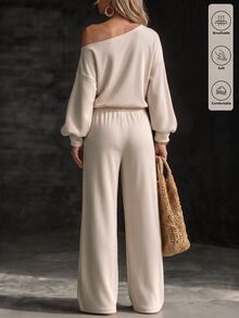 Glimmora New Vintage Apricot Fashion Casual Basic Asymmetrical Shoulder Top With Lantern Cuffs And Wide-Leg Pants Women's 2 Pieces Set - Apricot - View 2