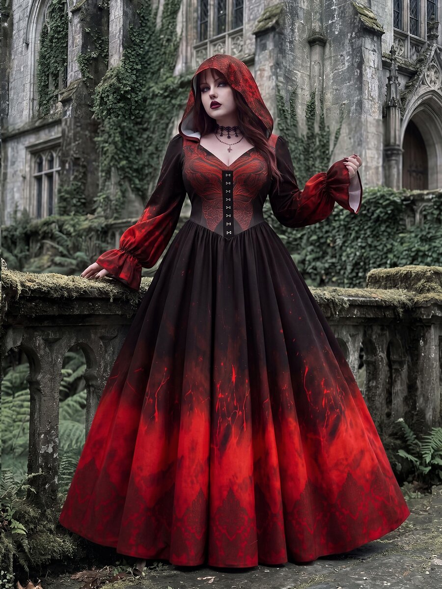 Whyspr Plus Size Long Sleeve Vintage Gothic Hooded Halloween Dress - Multicolor - View 1