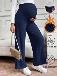 SHEIN 直筒寬腿休閒優雅孕婦收腹舒適長褲 - 藏蓝色 - 查看 1