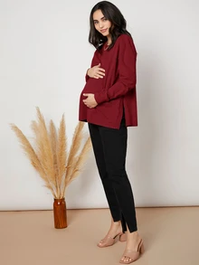 SHEIN 孕婦純色圓領落肩長袖側開衩下擺休閒T恤 - 酒紅色 - 查看 4