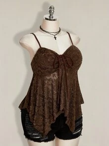 SHEIN ICON Plus Size Drawstring Bow Tie Cami Tank Top, Asymmetrical Hem, Y2K Style, Suitable For Summer, Graduation Season, Back To School - Brown - View 7