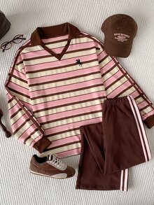 Comfortcana 女款秋冬保暖內裡拼色織帶飾邊刺繡寬鬆版型 Polo 領運動衫，休閒女式上衣 - 彩色 - 查看 7