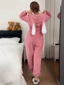 Napfluff Star Pattern 3D Ear Design Hooded Jacquard Flannel Comfortable Sleep One-Piece Suit, Fluffy And Soft, Suitable For Autumn And Winter Wear - Pink - View 2