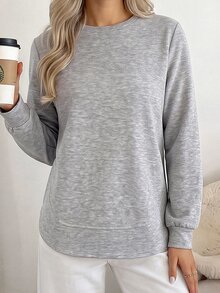 Easowa 圓領不對稱下擺保暖內裡休閒寬鬆優雅通勤老錢風秋冬女款運動衫 - 灰色 - 查看 5